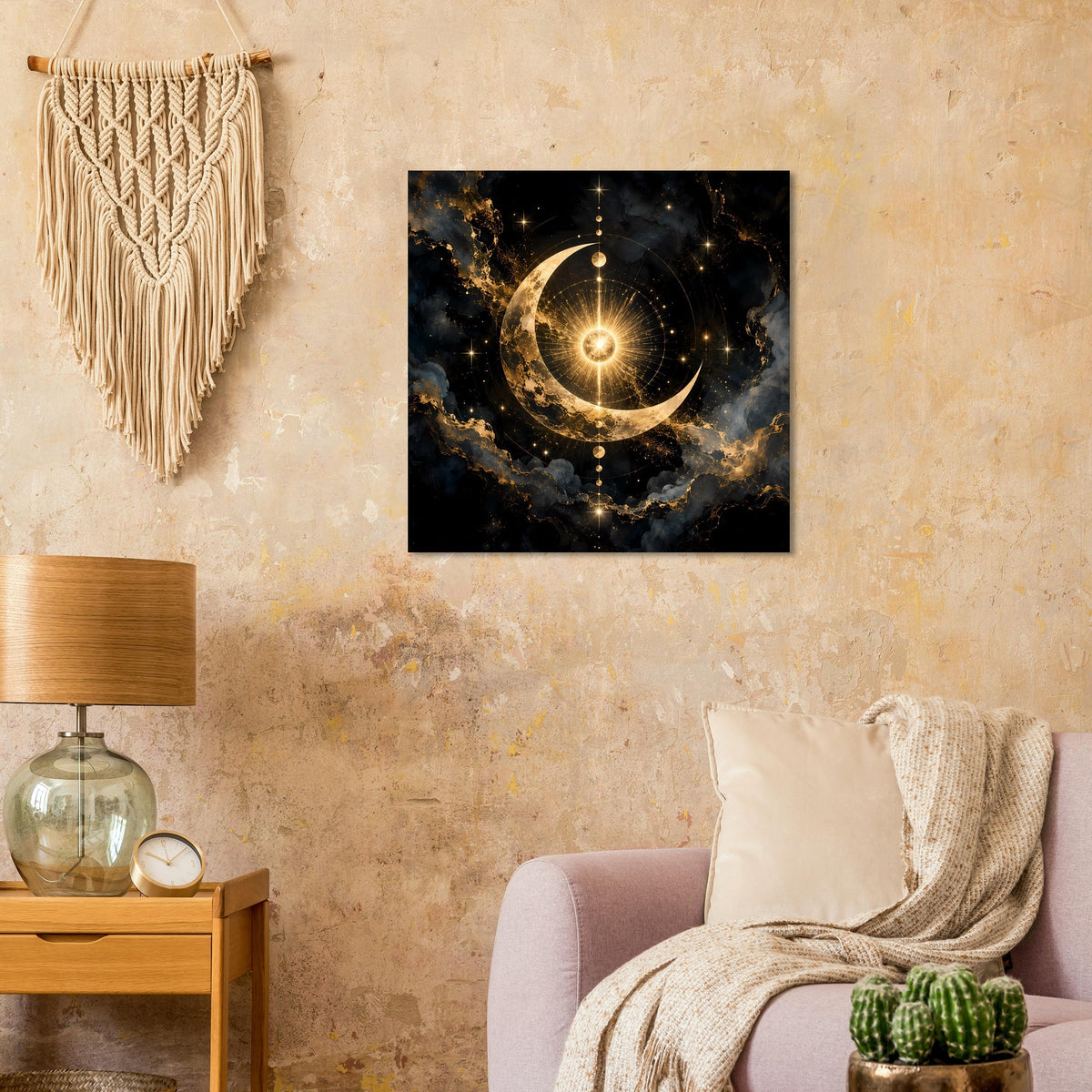 Quadratisches Poster: goldener Mond im Sternenmeer mit leuchtendem Kreis in der Mitte