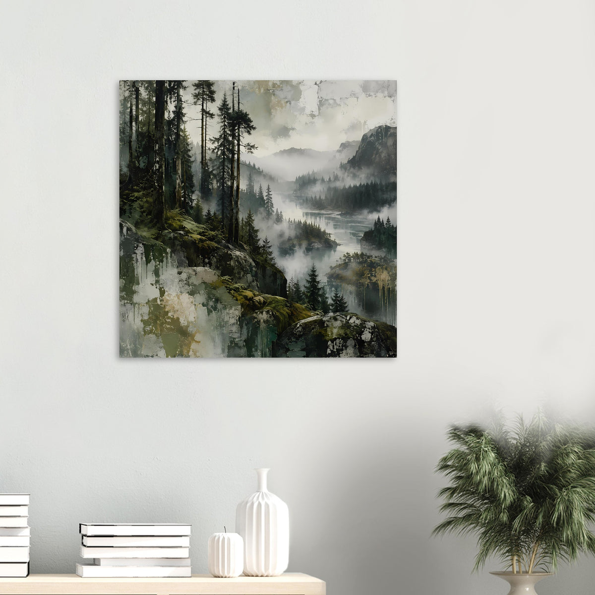 Kleines Wandposter mit Waldlandschaft, Tannen und Nebel über dem Gewässer