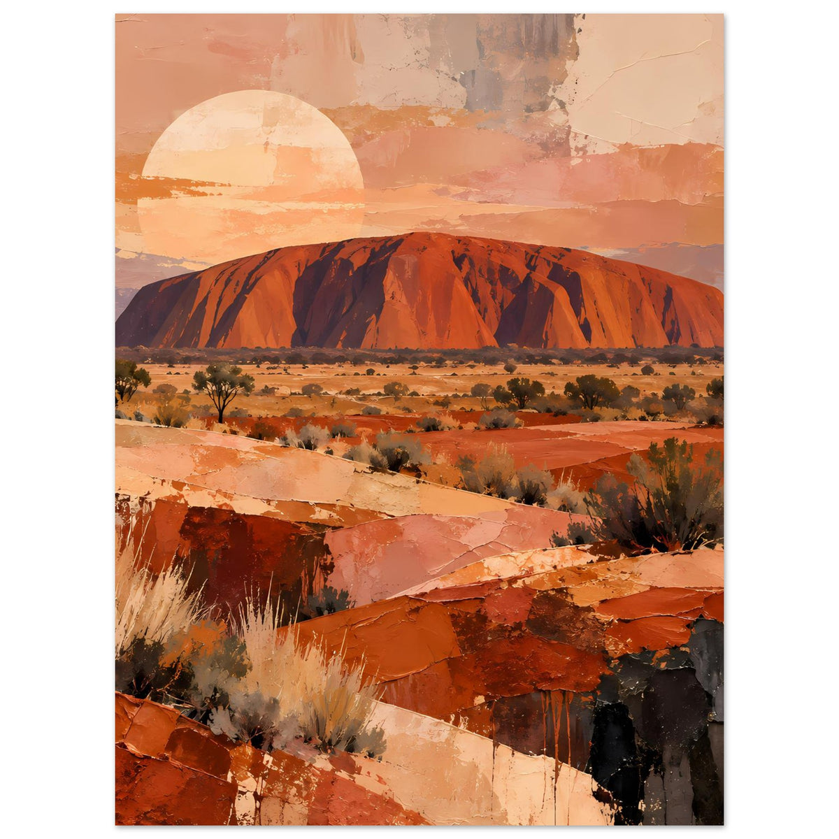 Poster im Hochformat mit Uluru-Wüstenlandschaft, trockener Vegetation und Erdtönen