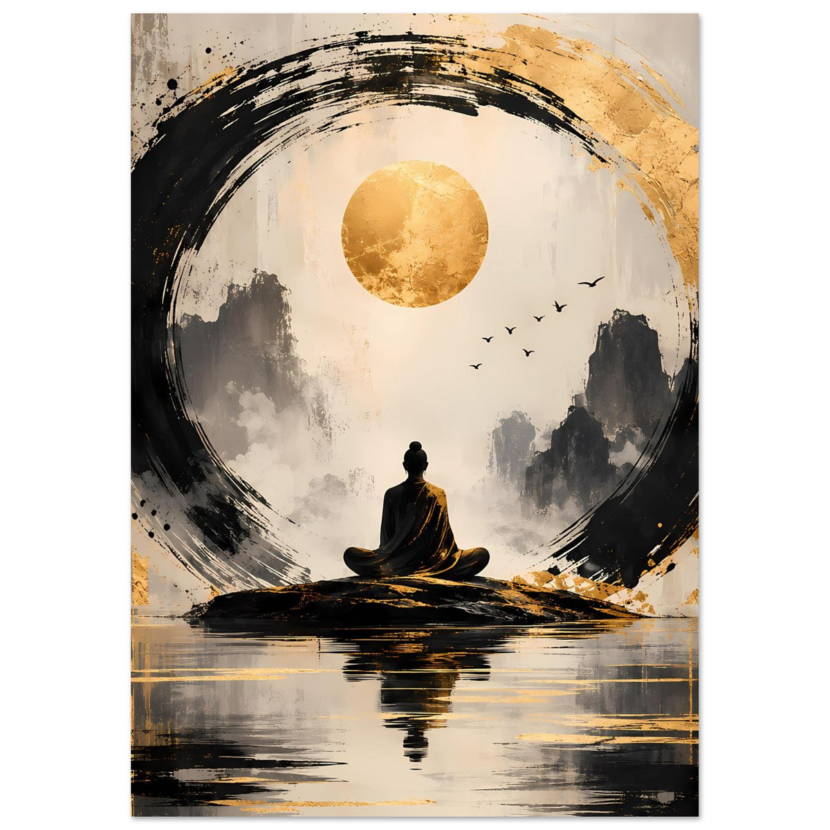 Meditationsposter: goldener Kreis im Rauchstil, schwarze Pinselringe, sitzende Zen-Figur