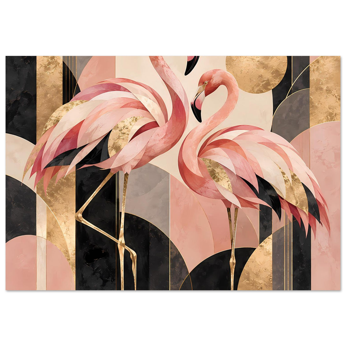 Zwei rosa Flamingos vor geometrischem Hintergrund mit Goldakzenten in Schwarz und Creme – Posteransicht 34