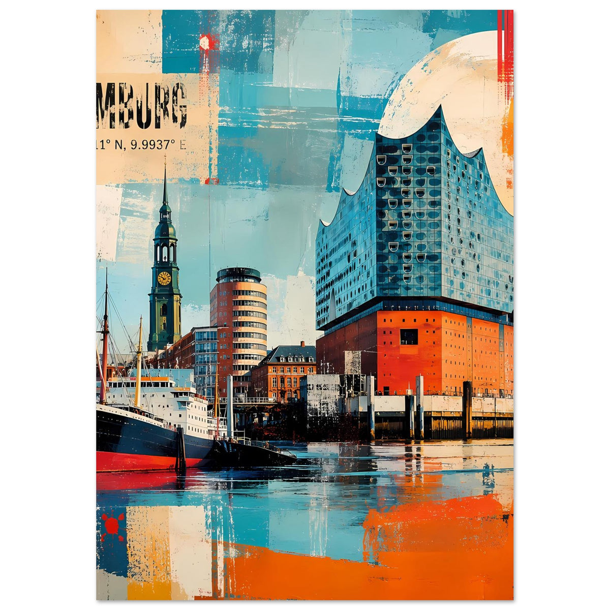 Poster mit Hamburg-Hafenblick: Elbphilharmonie, Schiffe und türkis-orange Farbflächen