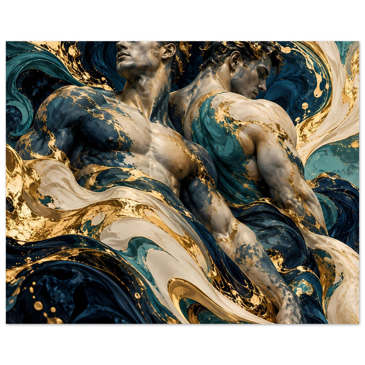 Kunstposter: zwei Aktfiguren, überwiegend obere Körperpartie, blaue Wirbel mit Goldsprenkeln