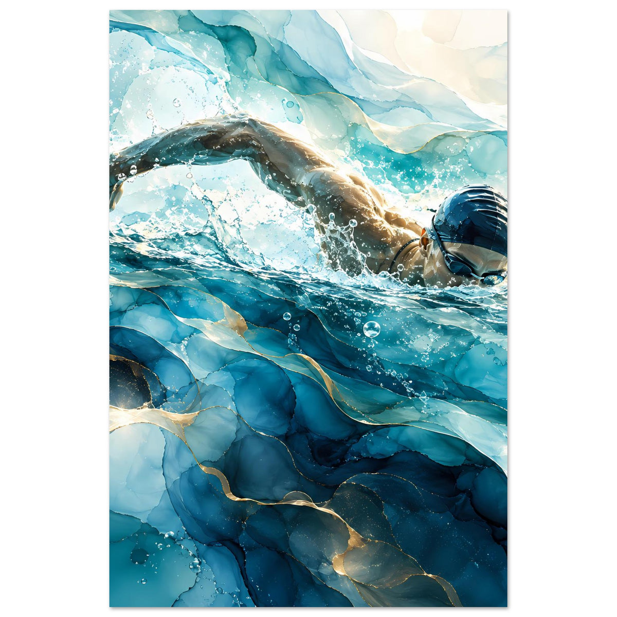Schwimmer-Poster im Blau, vertikal: Fokus auf Taucher und Arm in bewegtem Wasser