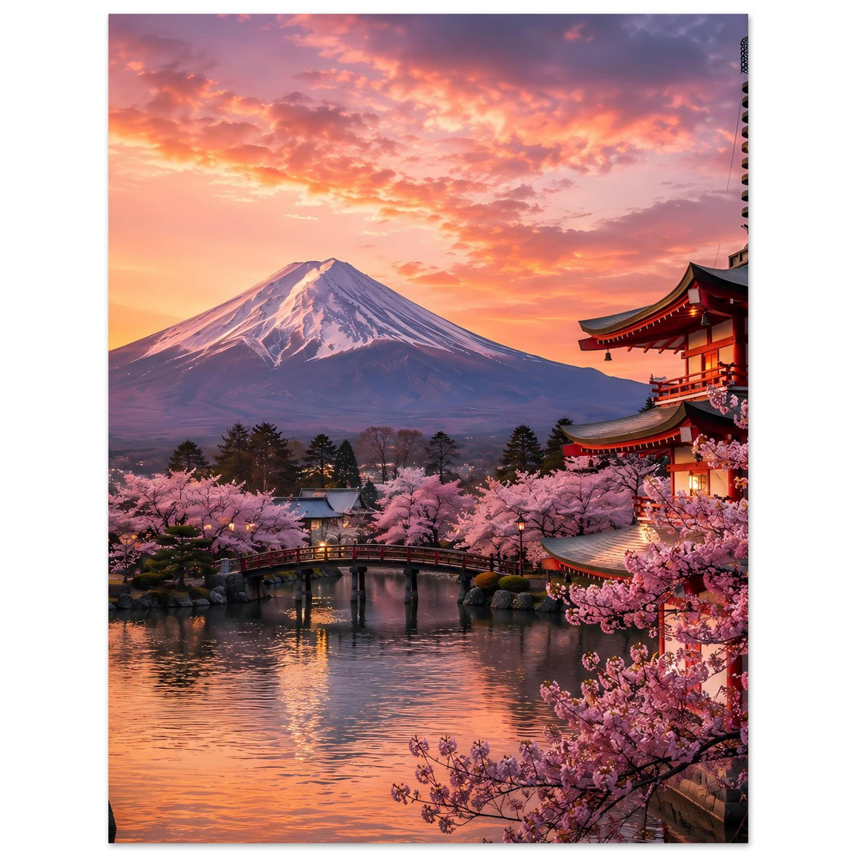 Wandposter mit Mount Fuji über Kirschblütenbäumen, Tempelbereich rechts im Abendlicht