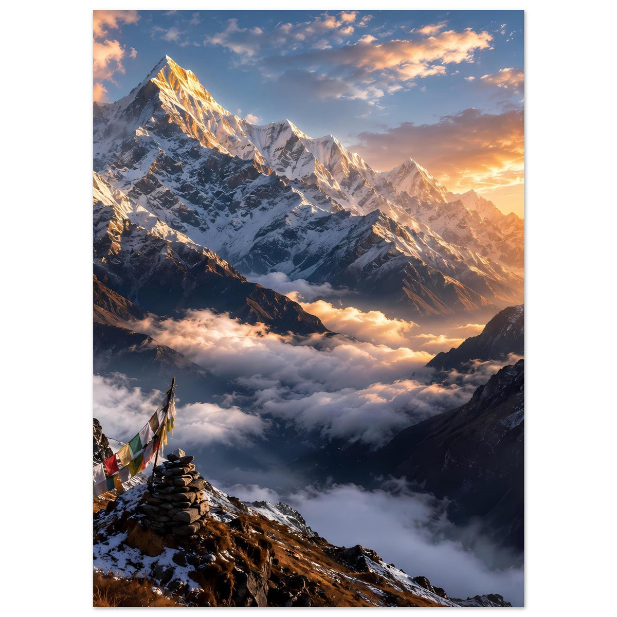 Vertikales Poster mit Himalaya-Gipfeln im Licht der Morgensonne, Wolkenmeer, Gebetsfahnen links