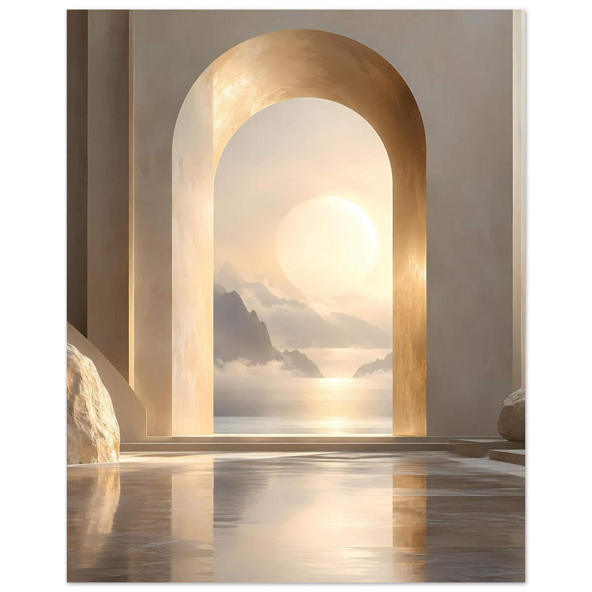 Poster mit Rundbogenöffnung in Gold, ruhige Sonnenuntergangszene mit Bergen und spiegelndem Wasser