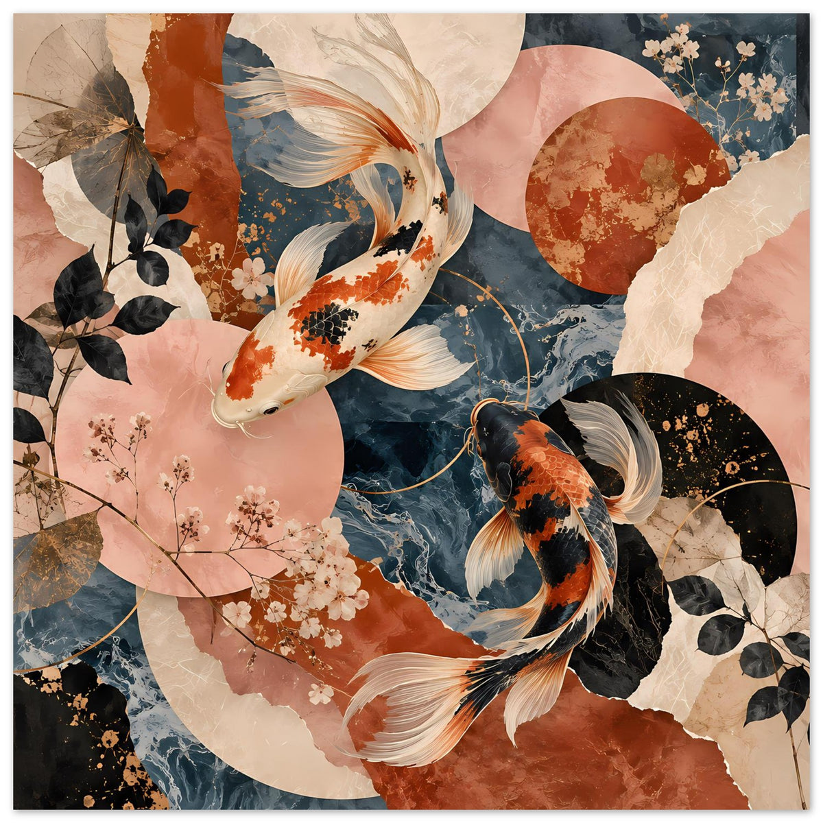 Wandposter mit Koi-Fischen und floralen Akzenten im Terrakotta- und Dunkelblau-Look