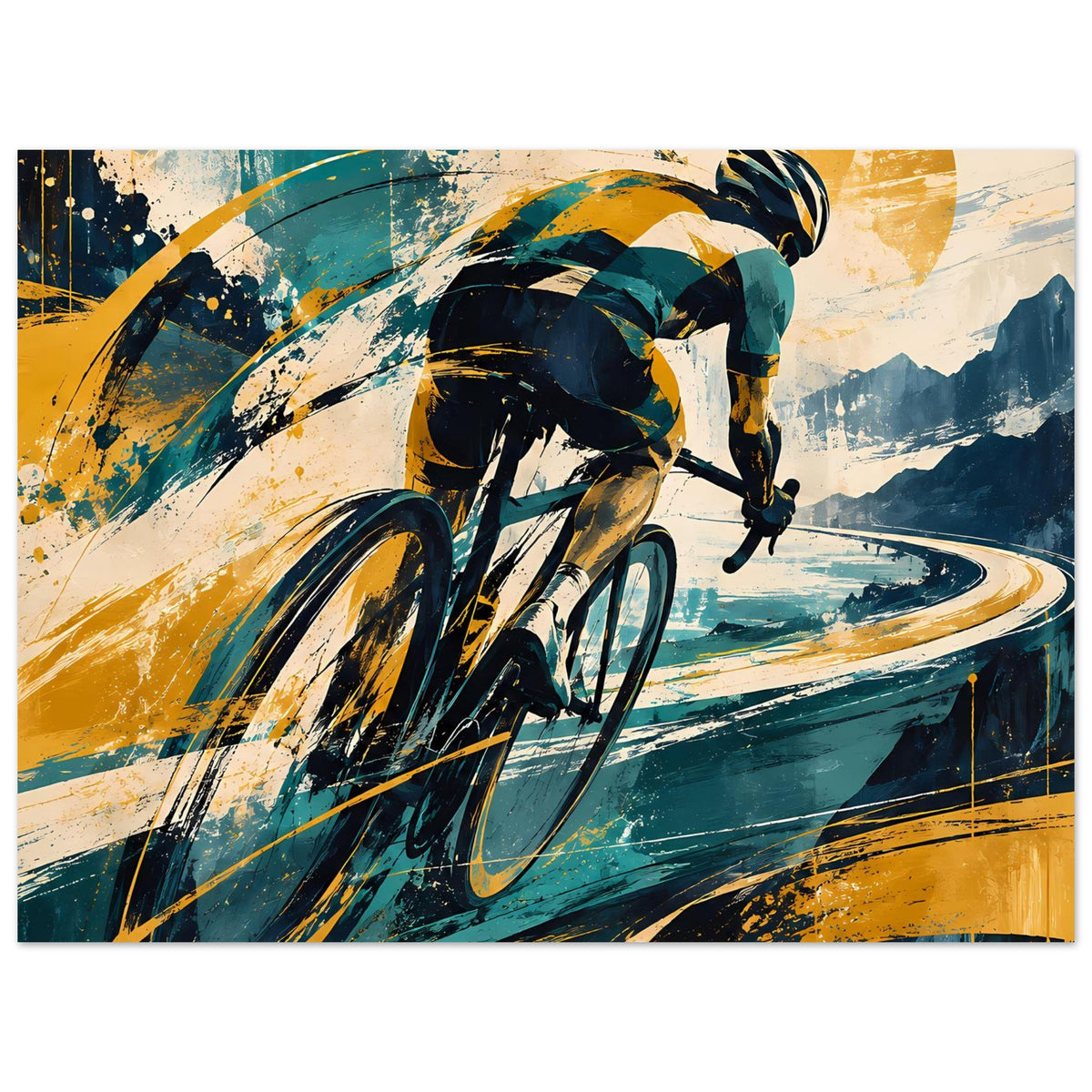 Sportposter im Querformat: Radfahrer lenkt Fahrrad durch die Kurve, Blau und Gelb