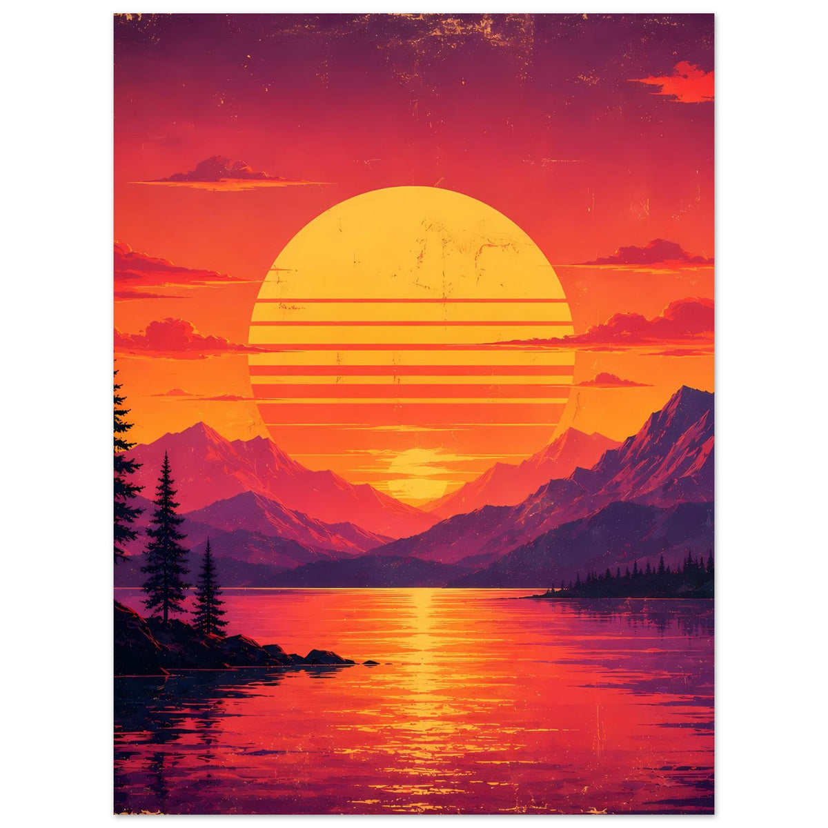 Posterset: Retro Sonnenuntergang am Bergsee, große gelbe Sonne, Tannen, orange-violett.