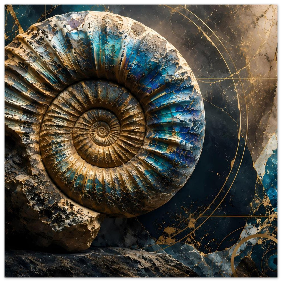 Kunstposter mit Ammonitenfossil in Petrolblau und Gold, großes Spiralauge
