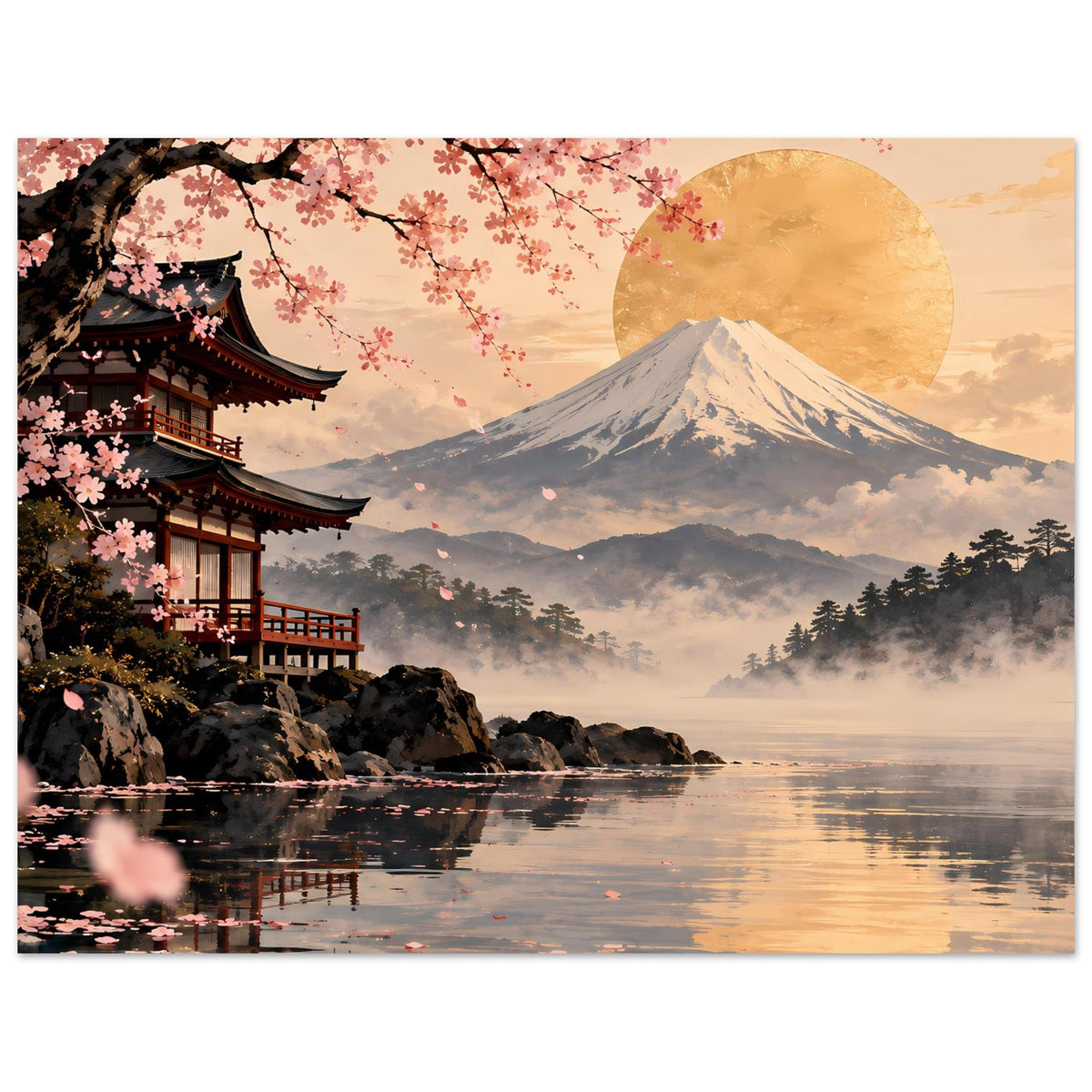 Poster mit Fuji-Berg, goldenem Mond, Kirschblütenzweigen und Tempel am Seeufer