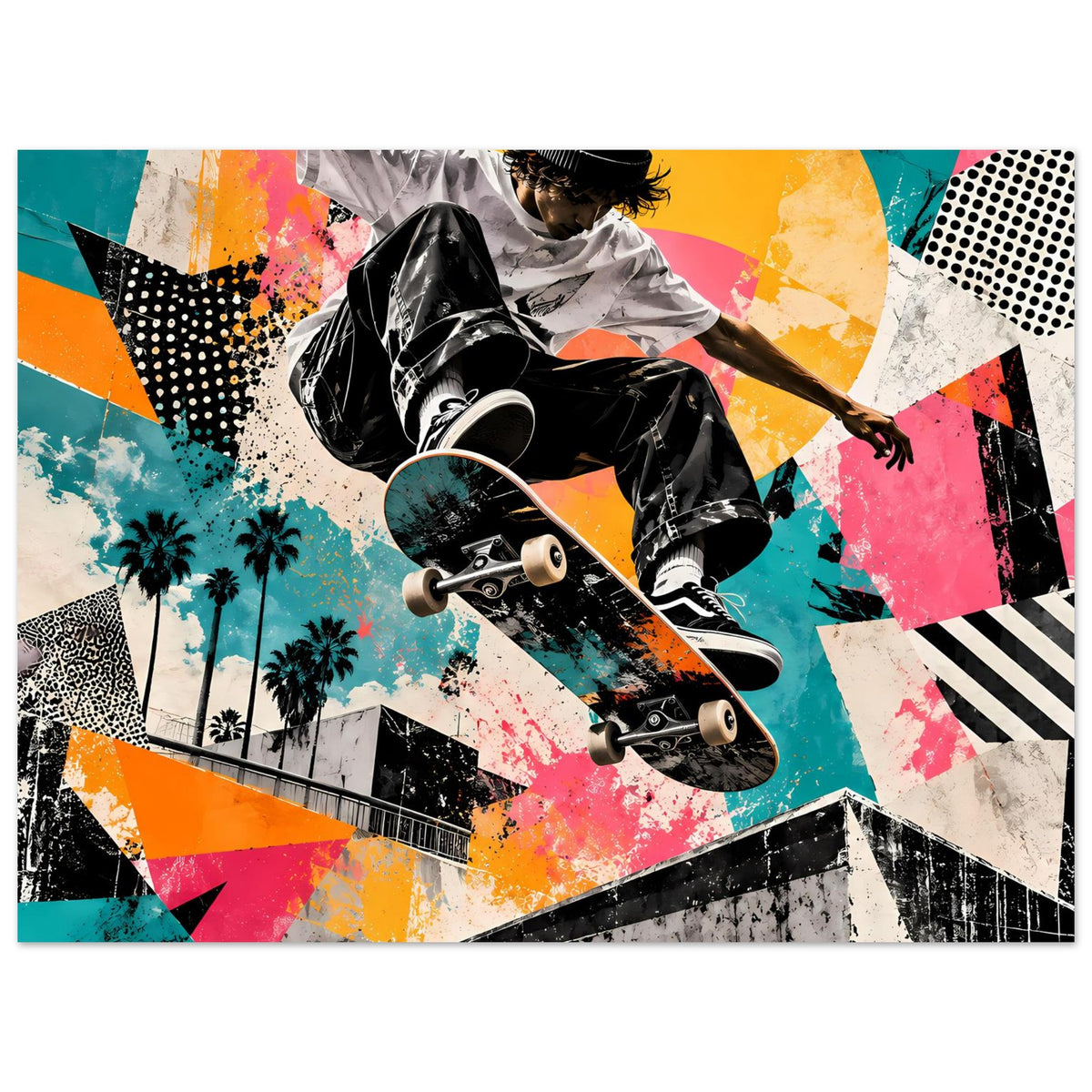 Horizontales Poster mit Skateboarder in Schwarzweiß, Neon-Graffiti und geometrische Hintergründe