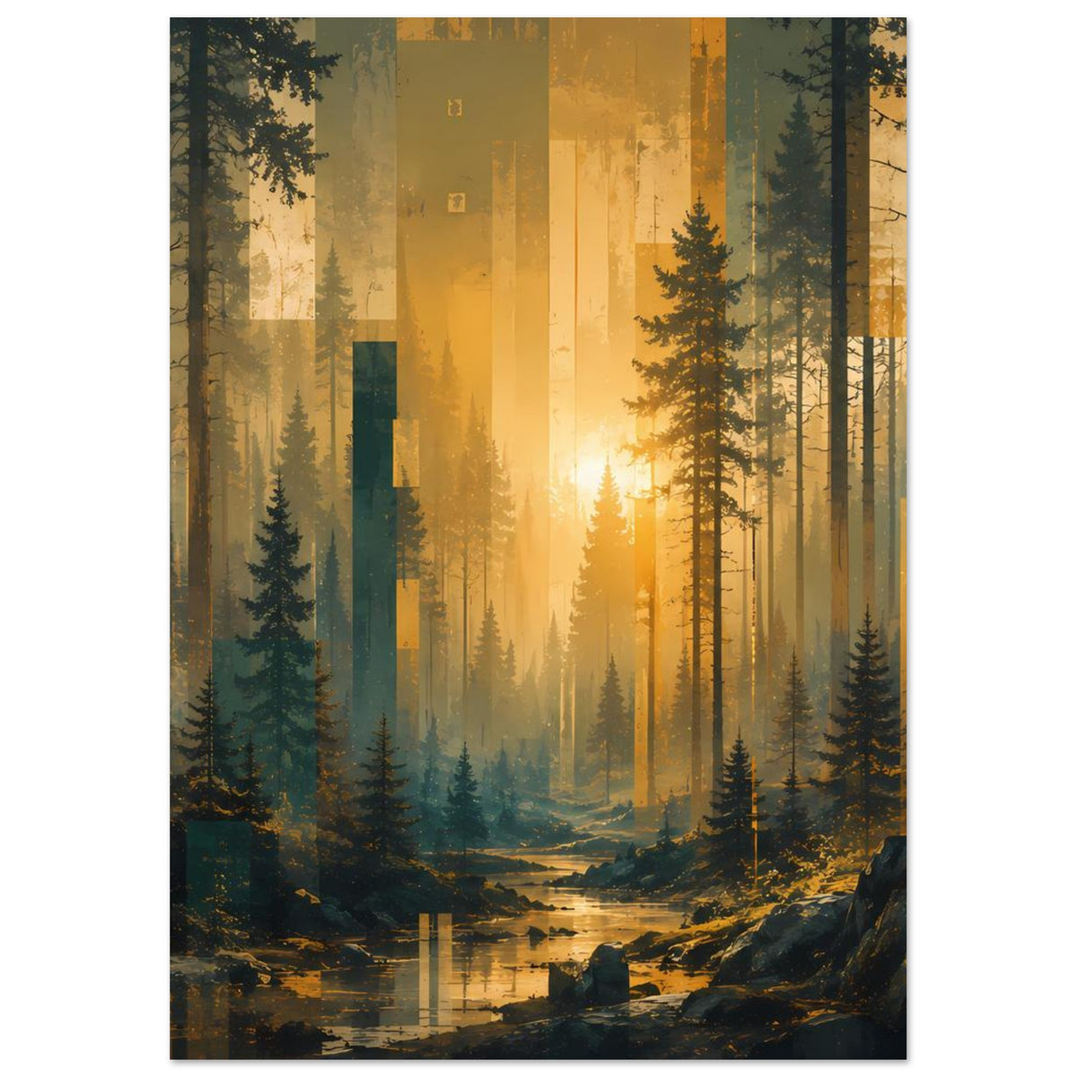 Wandposter mit Waldlandschaft im Sonnenaufgang, hohe Tannen und fließender Nebel