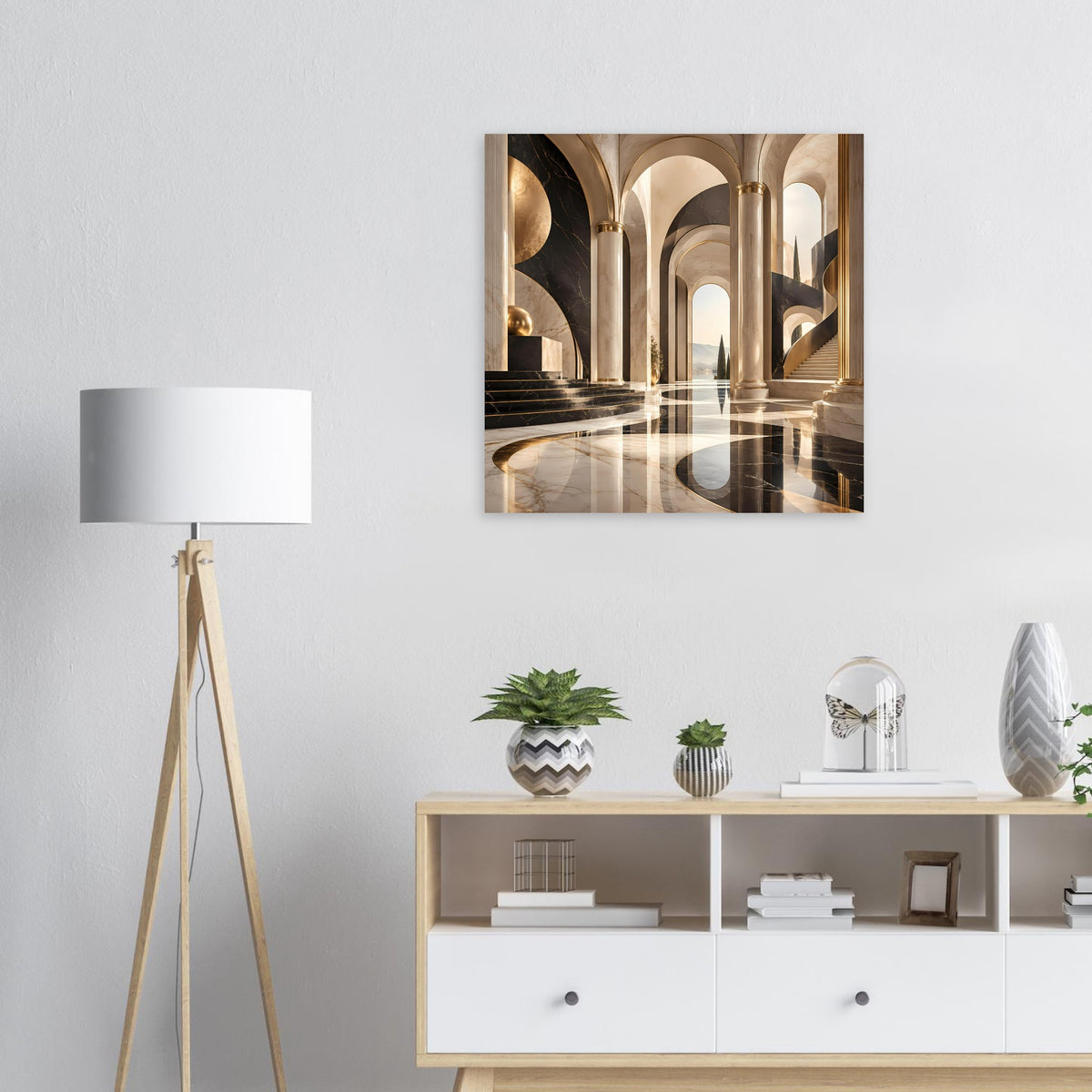 Architekturposter mit goldenen Bögen und dunklem Marmormuster