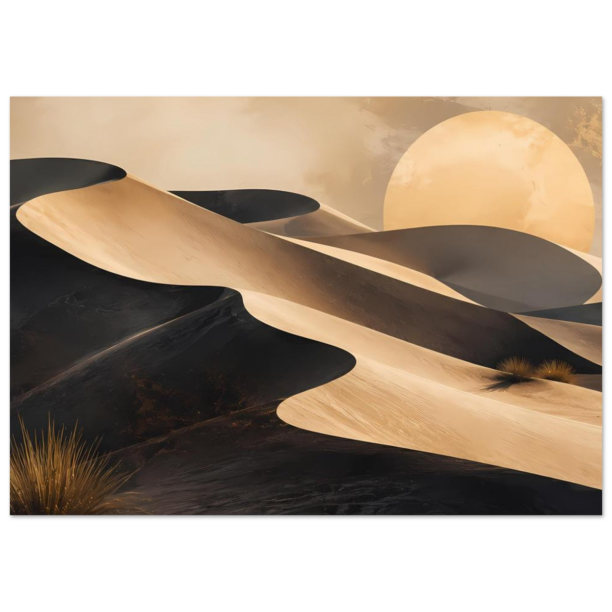 Wüstenposter mit goldenen Dünen und hellem Mond über dunklem Sand