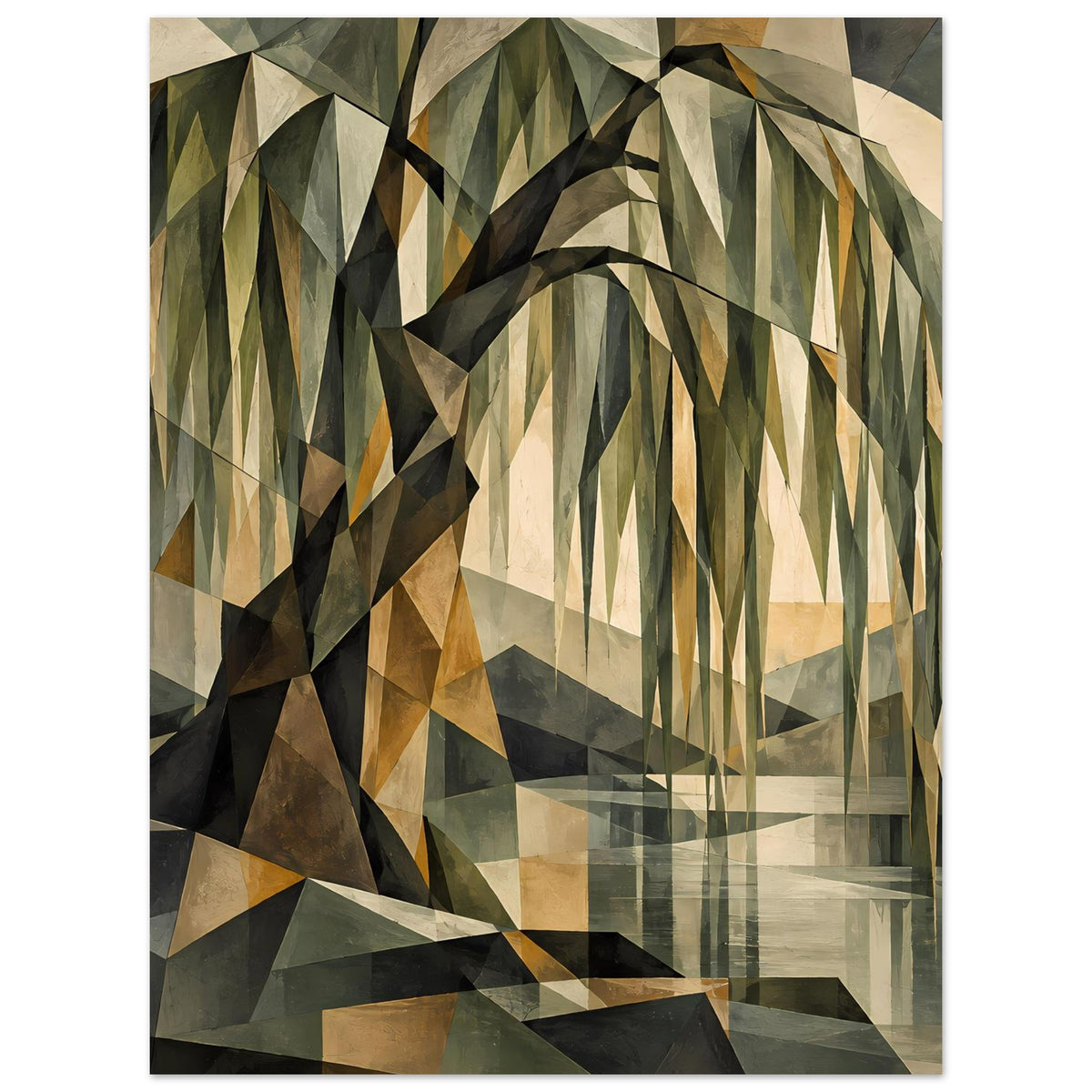 Poster mit geometrischem Weidenbaum, erdige Farbfelder, vertikale Komposition mit dunklen Linien