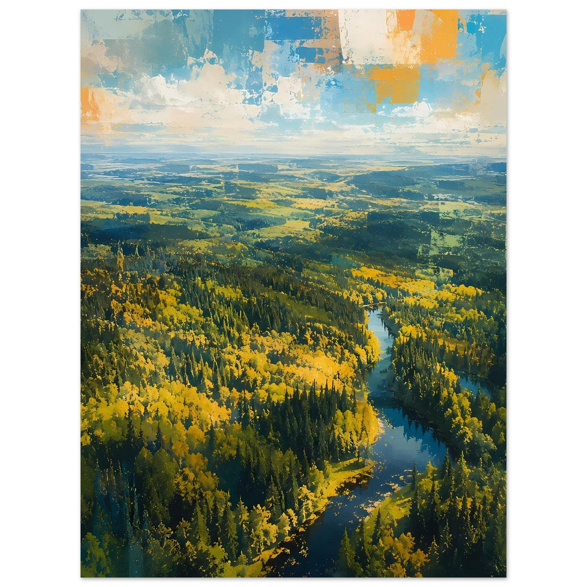 Premium-Poster mit Herbstwald und Fluss im Querblick, Farben Gelb und Blau