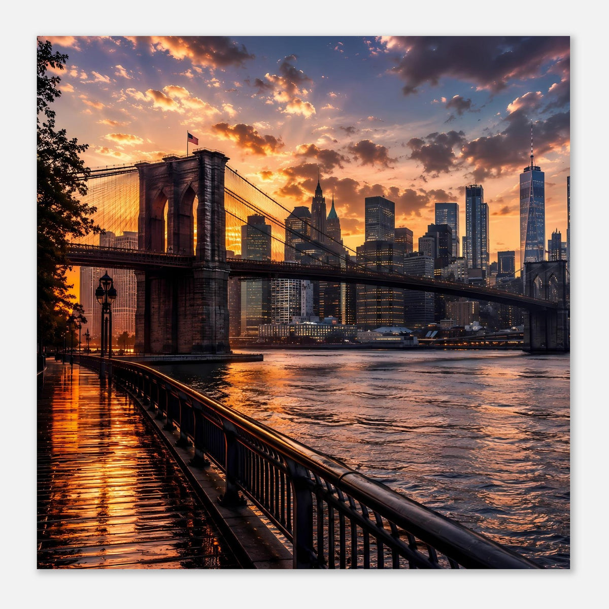 Gerahmtes Poster nah: Brooklyn Bridge bei Sonnenuntergang mit Skyline über dem Wasser