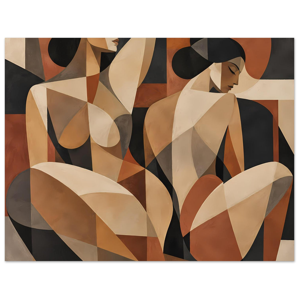 Abstraktes Poster mit zwei Frauenfiguren im Cubismus, erdige Töne, beige-braun-schwarz