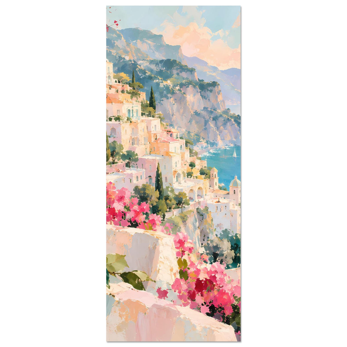 Vertikales Poster: Küstenblick mit Küstendorf, rosa Blumen und Pastellhimmel