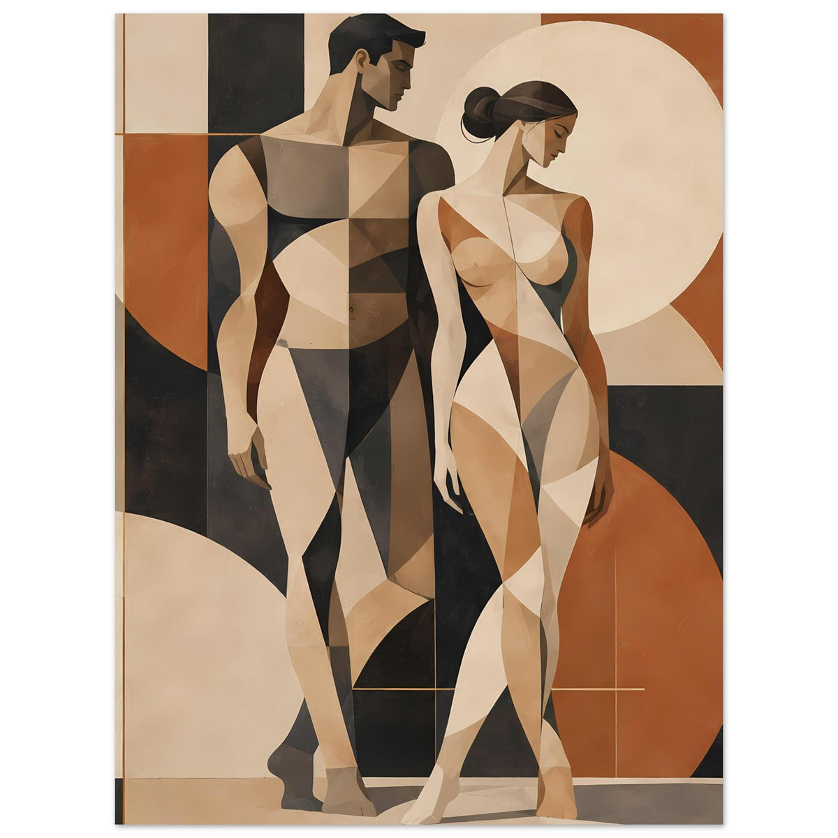 Kunstposter mit geometrischen Aktfiguren eines Paares in Erdtönen, Hochformat