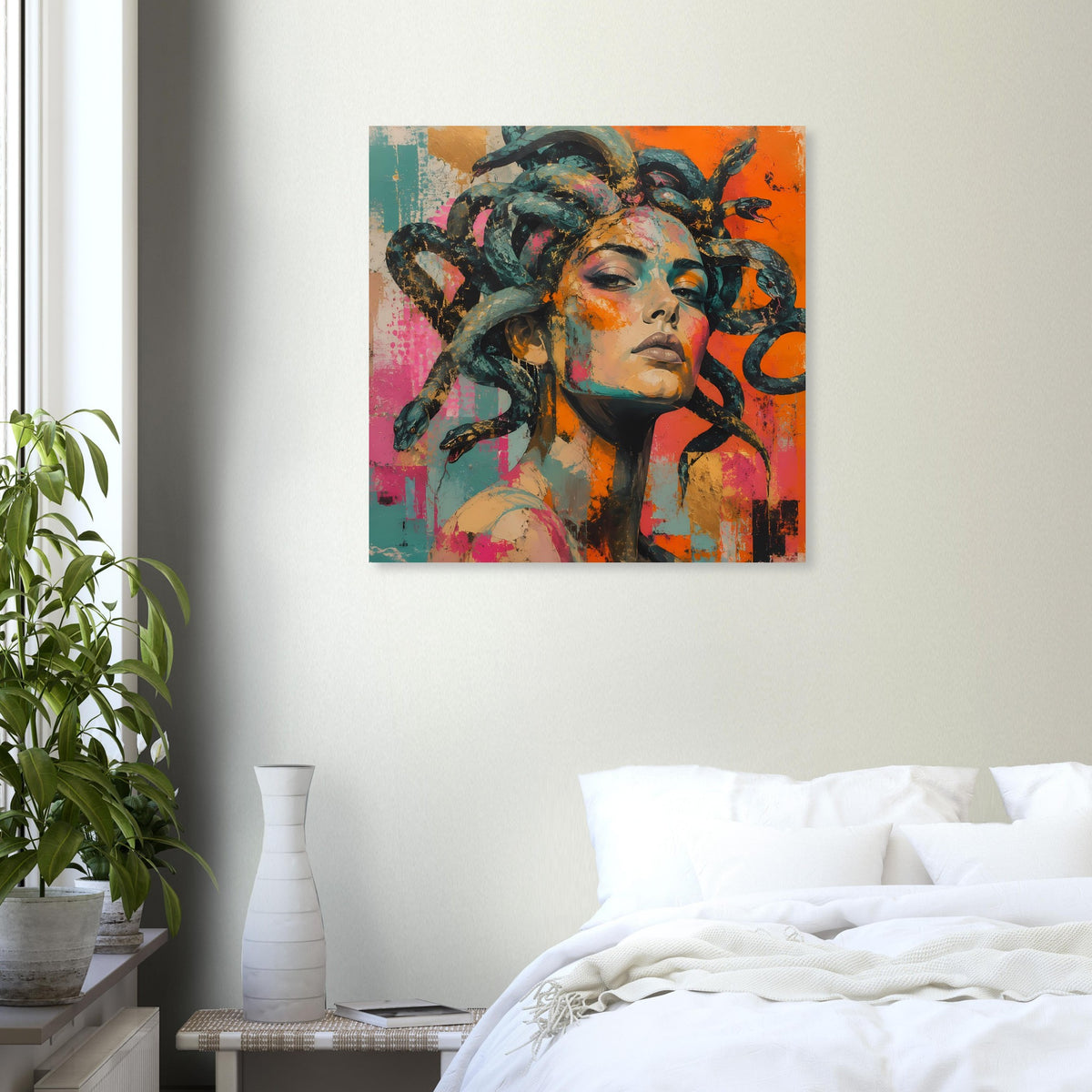 Poster mit Medusa-Illustration: Schlangenhaar in kräftigen Farben, Gesicht leicht entsättigt
