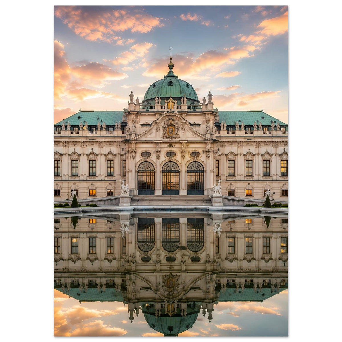 Schloss-Poster im Hochformat, mittig mit barocker Fassade, grüner Kuppel und Spiegelung