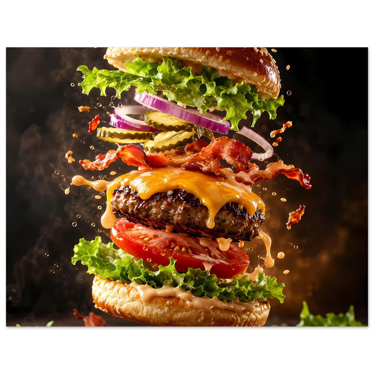Hochkant-Burgerposter mit Burgerlagen, Salat und Käse, Baconstreifen und Sauce läuft nach unten.