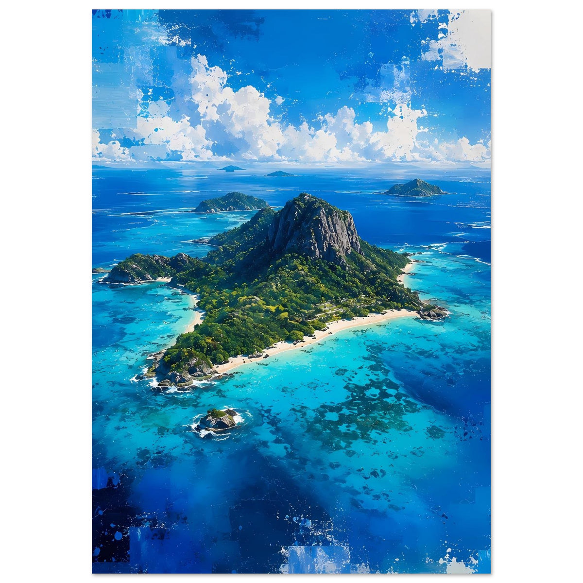 Poster im Hochformat mit Insel und Felsberg, türkises Meer mit weißen Sandstreifen