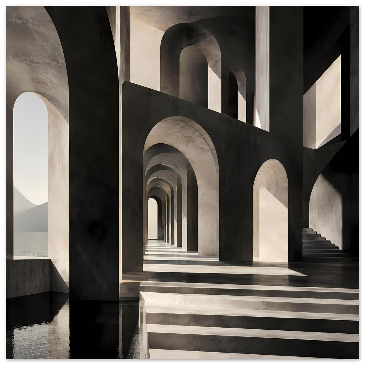 Architekturposter: monumentales Treppenhaus mit mehreren Bögen und klaren Linien