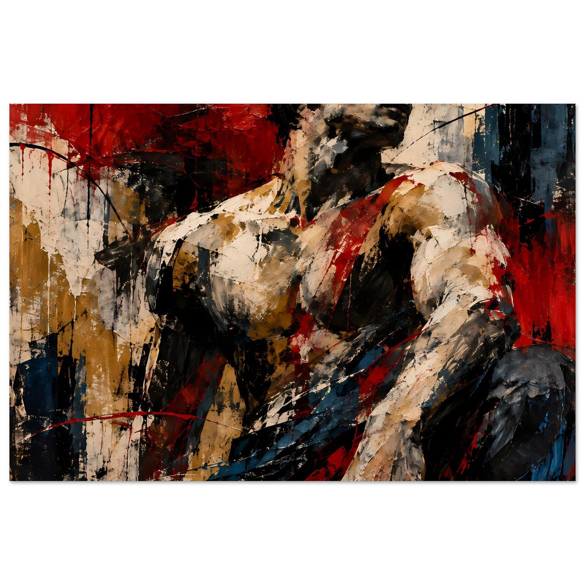 Abstraktes Kunstposter: muskulöse Person, kräftige Farben Rot und Blau, querformat