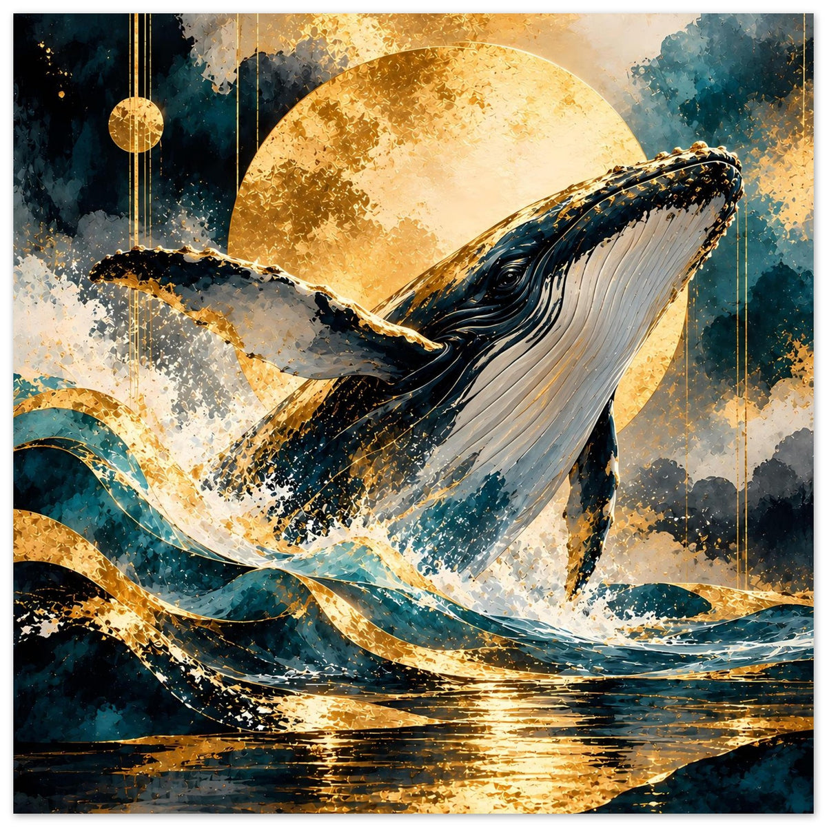 Poster: Buckelwal mit erhobenem Kopf, goldener Mond und leuchtende Wasserreflexe