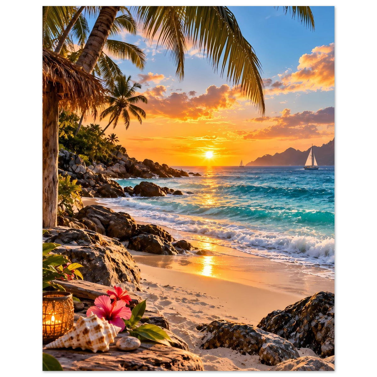Hochformat-Strandposter: Palmen, Sonnenuntergang über dem Meer, Sandstrand und Felsen
