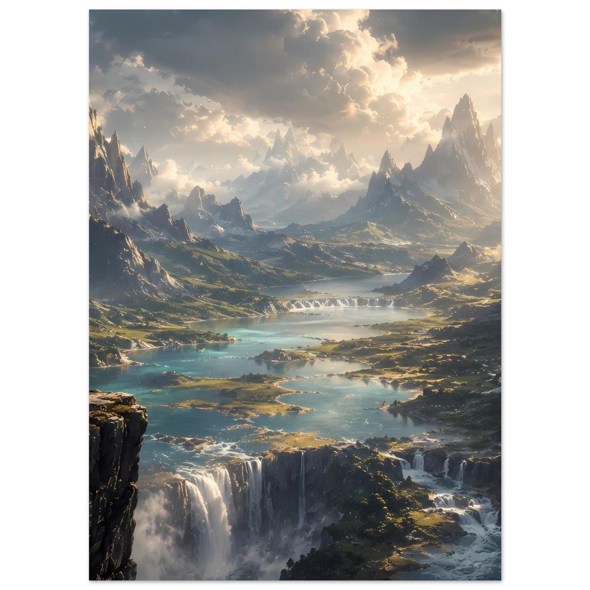 Vertikales Poster mit Gebirgsblick, Flusslauf im Tal, Wasserfall und hell leuchtenden Wolken