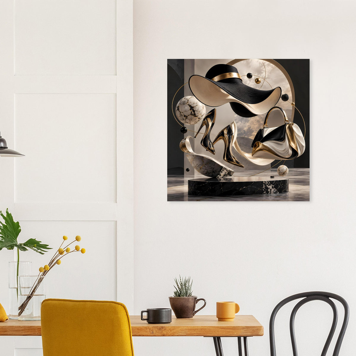 Gerahmtes Poster im Quadratformat mit Hutfigur in Schwarz und glänzenden Goldtönen