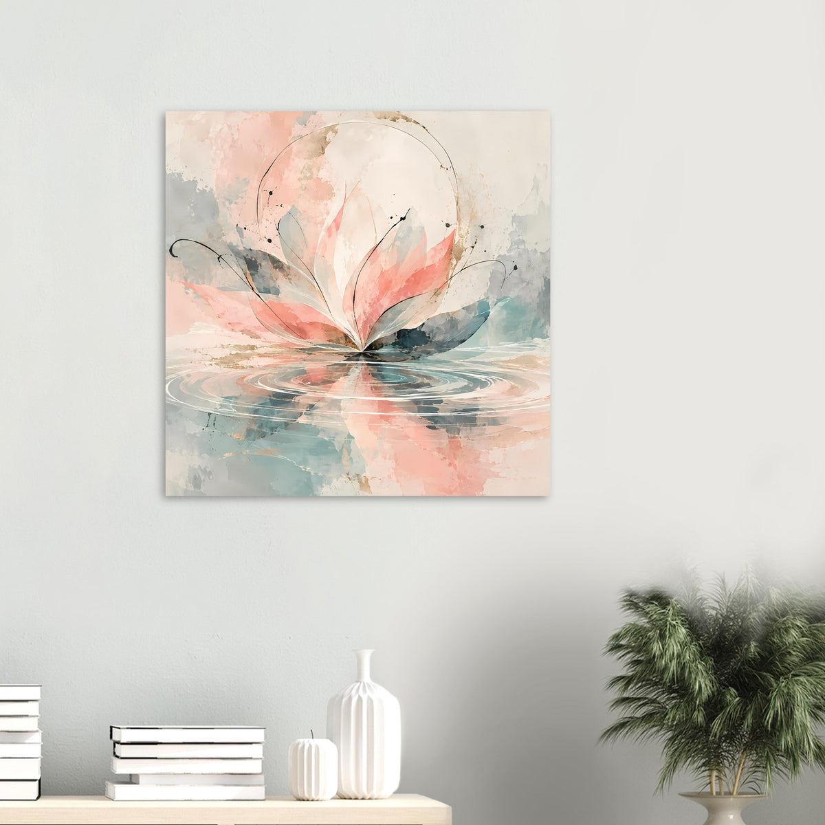 Kleines Kunstposter im Quadratstil: rosa Aquarellblüte, pastellblau, abstrakte Wasser-Optik
