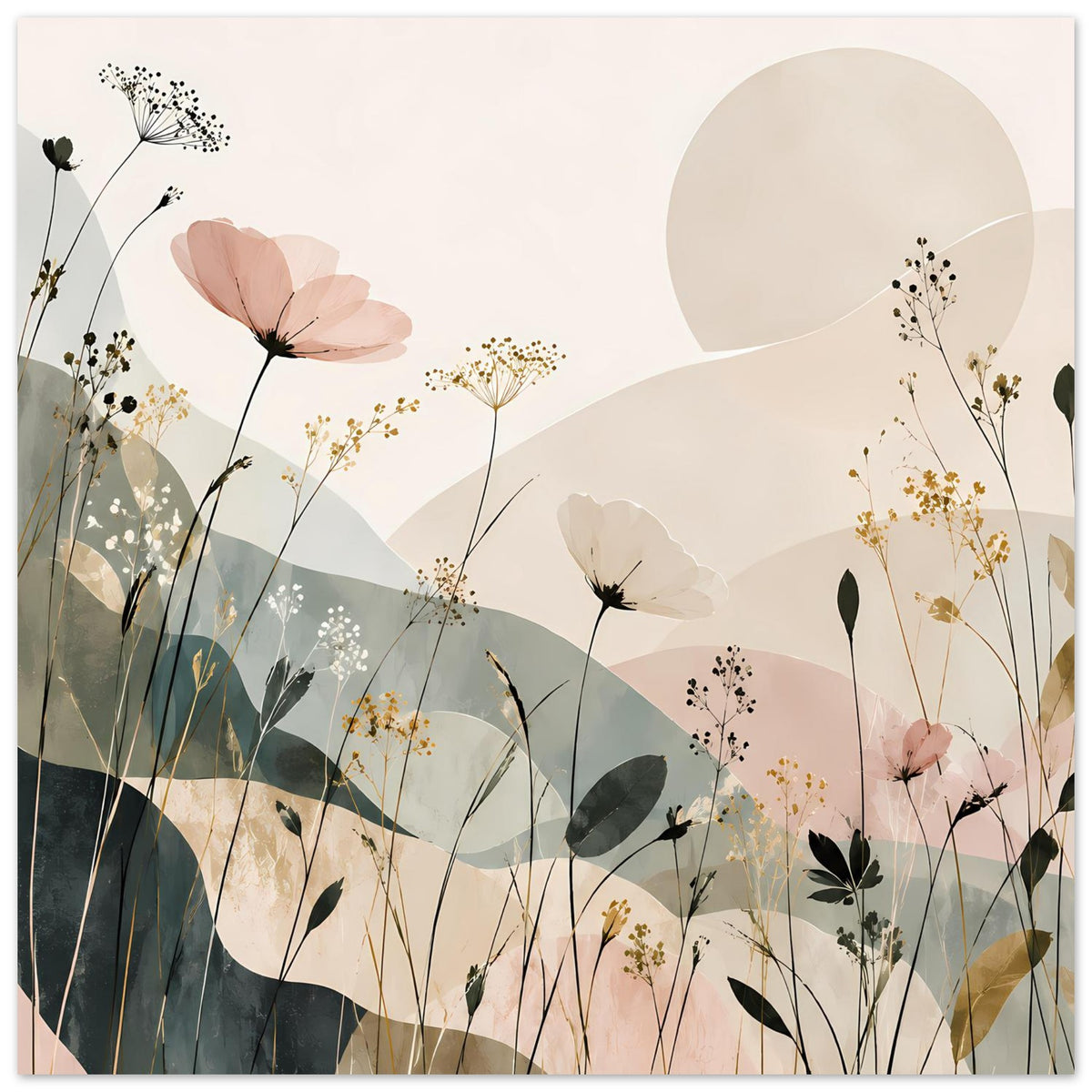 Florales abstraktes Poster im Querformat, zarte Blüten, Gräser und helle geometrische Formen