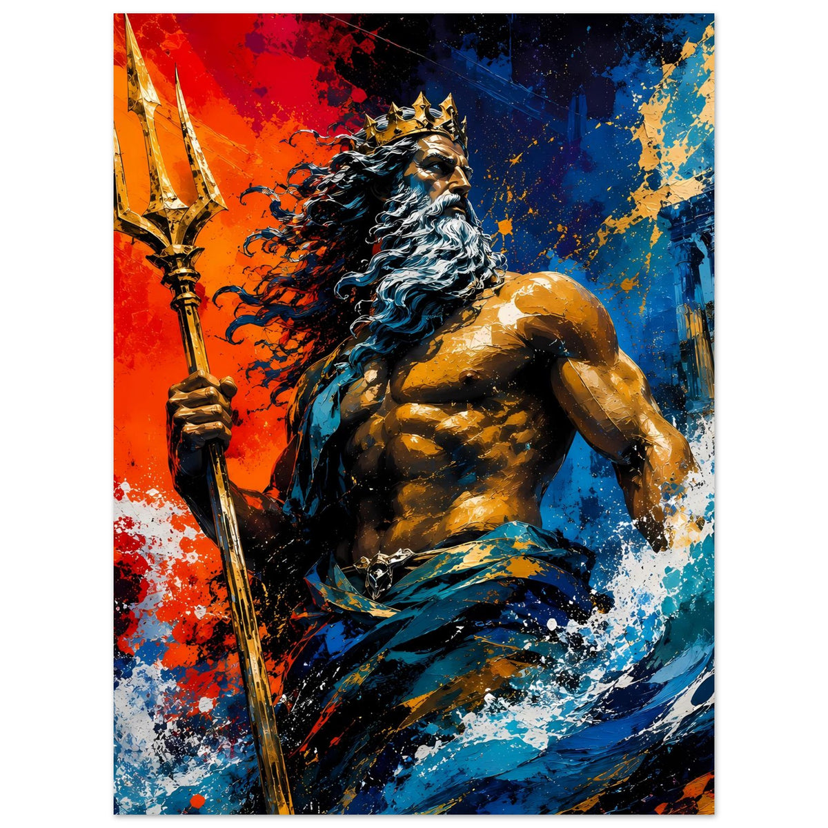 Poster mit mythologischem Gott: Bart, Krone und Speer, blau-rot Spritzdekor.