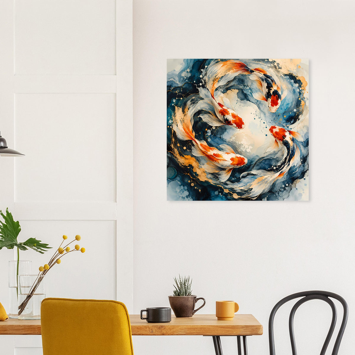 Quadratisches Poster: Koi-Fische in drehender Bewegung, Blau, Orange und Beige