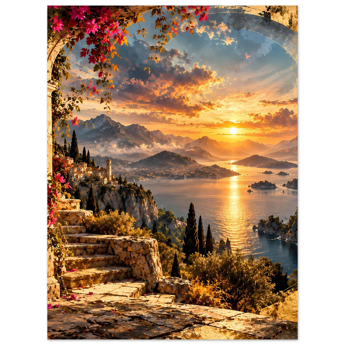 Küstenposter mit steinernen Säulen und Balkon, Sonnenuntergang am Küstenmeer