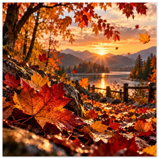 Herbstliches Poster: bunte Ahornblätter auf Steinkante am See bei Sonnenuntergang