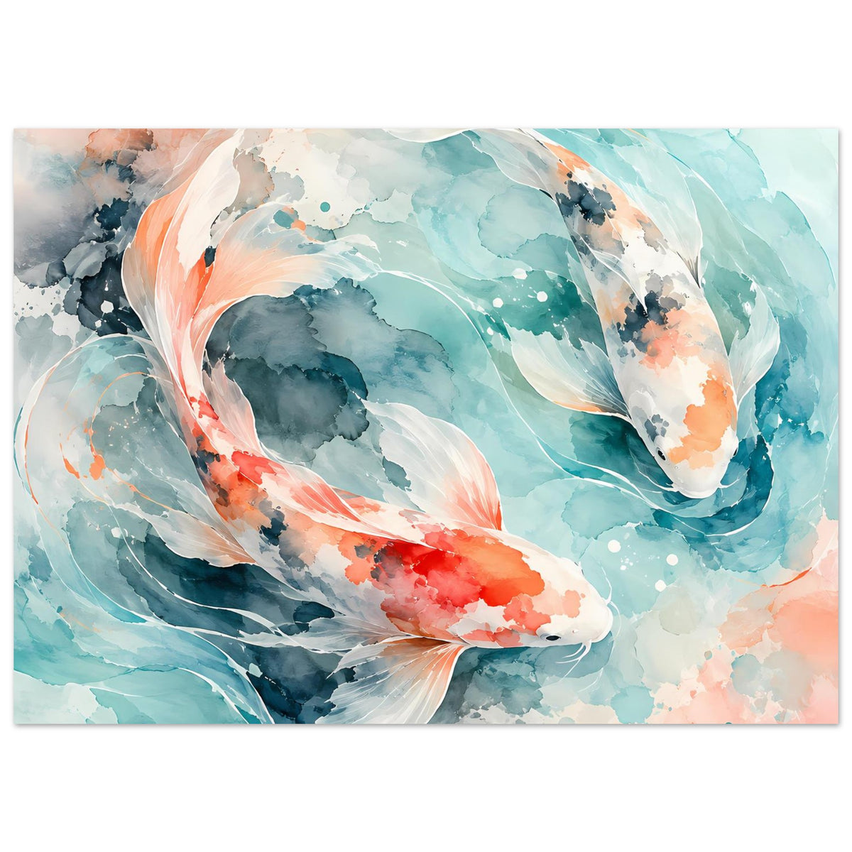 Querformatiges Poster mit Koi-Fischen im Aquarell, türkisblau und korallefarbenen Flächen
