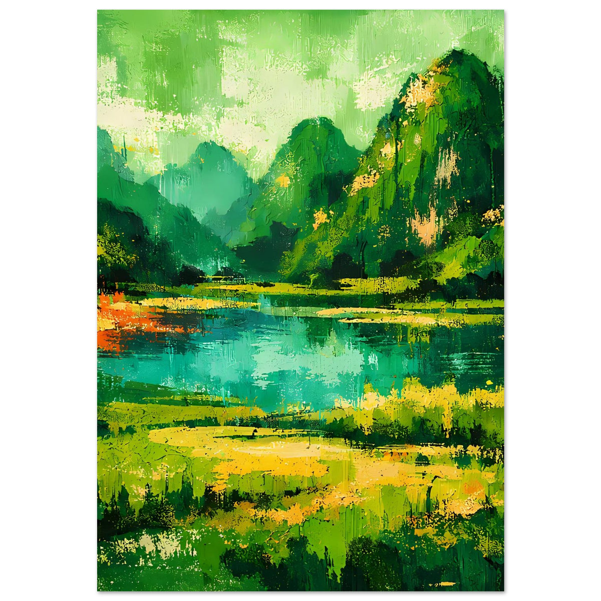 Poster mit abstrakter grüner Berglandschaft und türkisfarbenem See im Hochformat, mit dunklem Rand