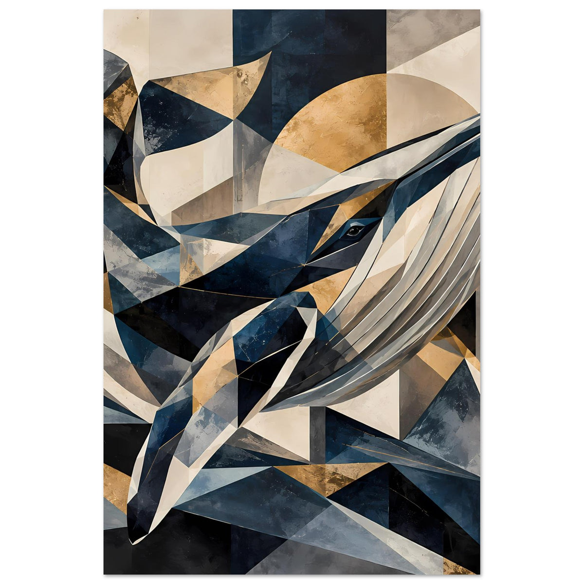 Geometrisches Wal-Kunstposter mit blau-goldenen geometrischen Formen und Flossenlinien