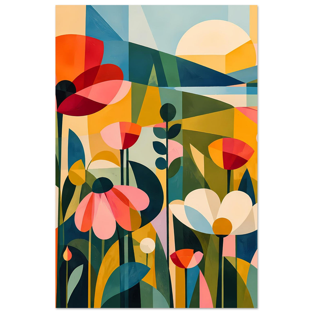 Abstraktes Blumenposter mit großen Blüten, Blattformen und farbigen Lichtpunkten