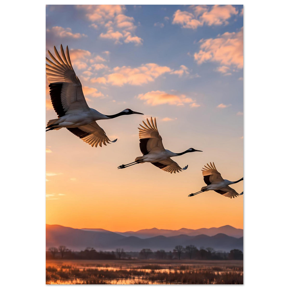 Poster mit fliegenden Kranichen, warmes Abendlicht und Wolken am Himmel