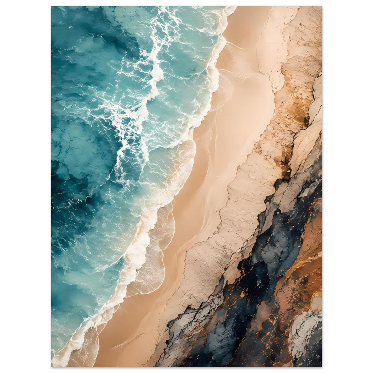 Poster im Hochformat mit Meereswellen, hellem Sand und felsiger Küstenlinie