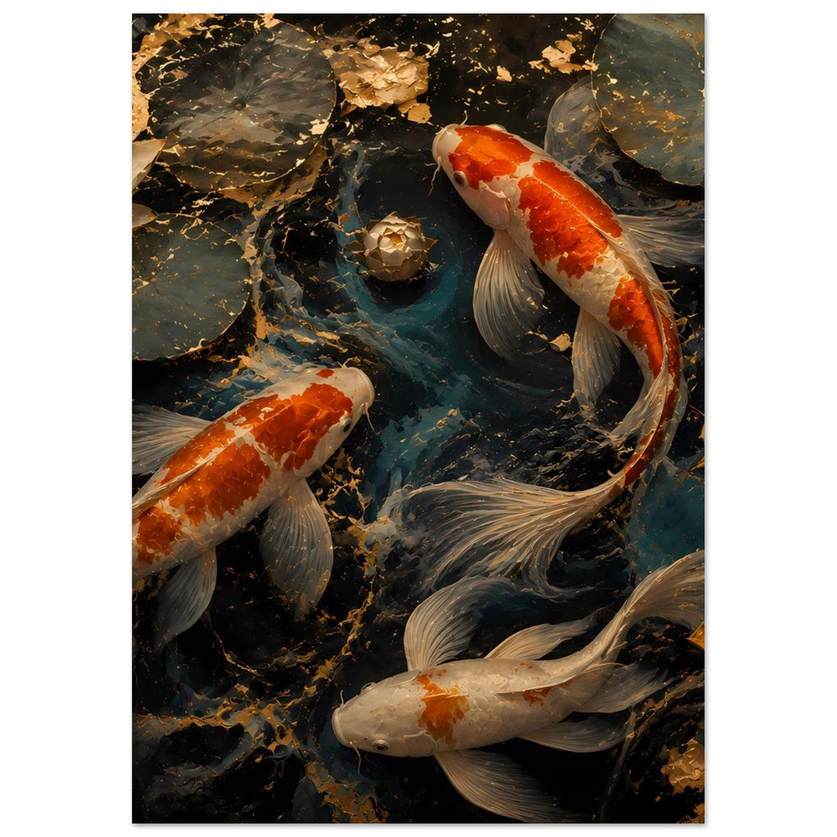 Koi-Fischkunstposter mit orange-weißen Karpfen und goldenen Steinen, insgesamt großflächige Szene