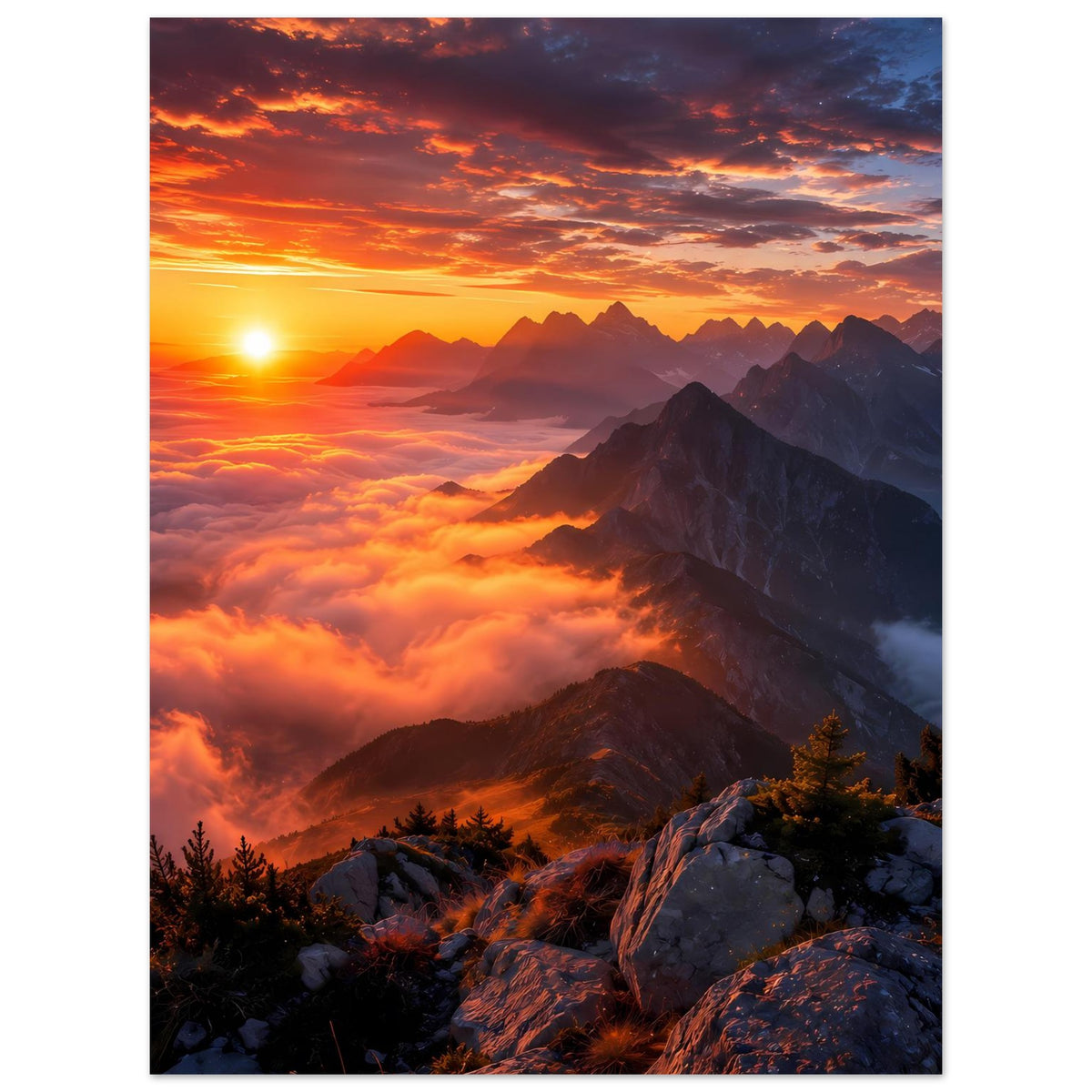 Wandposter (Hochformat) mit Sonnenuntergang über Bergkette, Wolken und Fichten